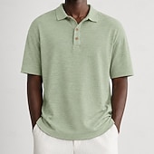 baratos Polo Clássico Masculino-Homens Camisa de linho Camisas Polo Casual Férias Clássico Manga Curta Férias Moda Tecido Textura Botões Verão Primavera Azul Verde Camisa de linho
