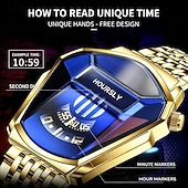 economico Orologi al quarzo-Orologio da polso di lusso da uomo in oro, design creativo a scudo triangolare con esclusivo display a disco rotante, cristallo blu sfaccettato, cinturino in acciaio inossidabile, impermeabile,