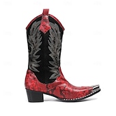 tanie Wysokiej jakości skórzane buty-męskie czerwone haftowane kowbojskie buty – zabytkowe, westernowe buty do jazdy konnej, designerskie obuwie na rodeo, koncerty country, festiwale muzyczne i występy sceniczne