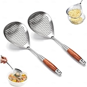 cheap Cooking Utensils-1/2 PCS Wooden Handle Stainless Steel Spider Strainer, 16 Inch Long Handle Deep Fry Skimmer Spoon, Heavy Duty Frying Scoop for French Fries, Pasta, Noodles, Dumplings and Hot Pot, Kitchen Cooking Tool
