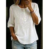  Femmes Chemise Haut à œillets Chemise Bohème Chemise en Dentelle Dentelle Broderie Élégant Bohème Vacances Manche 3/4 Hauts Longs Occasionnel Bleu Blanche Jaune Orange Marron Été Printemps