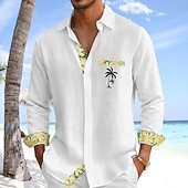  Men Shirt Linen Shirt Summer Shirt Beach Shirt Button Up Shirt Coconut Tree Casual Holiday White Pink Sky Blue Green Long Sleeve Turndown Summer Clothing Apparel Front Pocket
