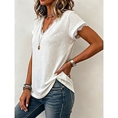  Mujer Camiseta Camiseta superior Encaje Retazos Color sólido Elegante Manga Corta Escote en Pico Tops regulares Casual Blanco Verano Primavera