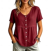 voordelige Effen Blouses-Dames Overhemd Blouse Lapwerk Knop Effen Kleur Elegant Casual Korte mouw Strakke ronde hals Normale tops Casual geel groen Zwart Wit Wijn Lichtgrijs Lente
