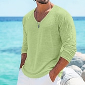 abordables T-shirts en Coton et Lin-Homme T-shirt T-shirt en lin manche longue Col en V Printemps &amp; Été Été Printemps Couleur Unie Uni Quotidien Occasionnel street style Pur Occasionnel Extérieur Rue Bleu Blanche Bleu Clair T-shirt