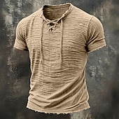  Men's T Shirt Linen T-Shirt Short Sleeve Lace Up Neck Summer Spring All Seasons Solid Color Textured Vacation Vintage Sports Raw Edge Casual Home Outdoor White Wine khaki Top Tee for Men