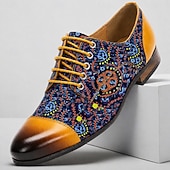 cheap Elemental Dress Shoes-Men's Floral Print Oxford Dress Shoes, Handmade Leather Business Casual Shoes, Fashion Statement Footwear for Weddings, Parties, Formal Events