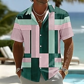 abordables Diseño Geométrico-Hombre Geométrico Plaid Bloqueo de color Camisa Abotonar la camisa Manga Corta Moda informal Diario vacaciones en la playa Verano Primavera Cuello Vuelto Impresión 3D Camisa tipo lino Azul Piscina