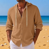 economico Vacanza-Da uomo Camicia Camicia di lino Camicia Estiva Abbigliamento da spiaggia Camicia con Bottoni Semplice Casuale Quotidiano Nero Bianco Giallo Blu marino Manica Lunga Con Cappuccio Primavera &amp; Estate