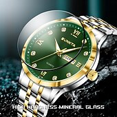 abordables Relojes de Cuarzo-Reloj de negocios de lujo para hombre Sunkta, esfera verde, correa de acero inoxidable bicolor, resistente al agua, movimiento de cuarzo con calendario de día y fecha, números romanos, marcadores de