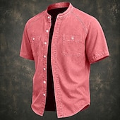 cheap Men's Smart Casual Shirts-SoftFade™ Men Shirt Casual Shirt Button Up Shirt Cotton Acid Wash Shirt Black Light Green Pink Purple khaki Short Sleeve Plain Grandad Collar Casual Daily Front Pocket Clothing Apparel Elegant Fashion