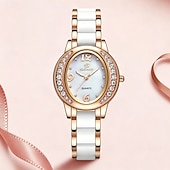 cheap Quartz Watches-Women's Rose Gold Fashion Watch, White Ceramic Style Link Bracelet, Mother of Pearl Dial with Crystal Bezel, Elegant Quartz Dress Wristwatch for Ladies, Perfect Jewelry Gift for Her