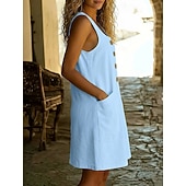  Women's Vintage Holiday 100% Cotton Knee Length Dress  Regular Fit Plain Sleeveless U Neck off white Black White Pink Spring
