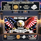  250th Years of Freedom Garage Door Cover With String Lights Decoration 7x16ft American Flag Pentagram 4th of July Anniversary Backdrop Independence Day Patriotic Themed Party Banner Deco