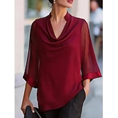 cheap Dressy Blouses-Women's Shirt Blouse Patchwork Solid Color Elegant Streetwear Daily 3/4 Length Sleeve V Neck Regular Tops Casual claret Black Navy Blue Apricot Summer Spring