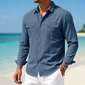 abordables Vacances-Hommes Chemise Chemise en lin Chemise d'été Tenue de plage Chemise Boutonnée Uni Occasionnel Quotidien Bleu Rose Claire bleu marine Bleu de minuit manche longue Col Printemps &amp; Été Été Vêtement Tenue