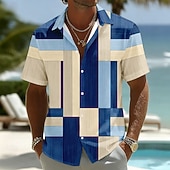 abordables Diseño Geométrico-Hombre Geométrico Plaid Bloqueo de color Camisa Abotonar la camisa Manga Corta Moda informal Diario vacaciones en la playa Verano Primavera Cuello Vuelto Impresión 3D Camisa tipo lino Azul Piscina