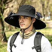economico Luci e lanterne da campeggio-Cappello da sole a tesa larga per esterni con 2 ventole solari, cappello a secchiello per uomo e donna, protezione UPF 50+, ideale per la pesca. &amp;Cappello da spiaggia con ventola incorporata