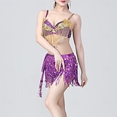 preiswerte Bauchtanzkleidung-glitzerndes Königsblau für Damen &amp;Goldenes Bauchtanzkostüm-Set – Pailletten-BH-Top und Fransenrock – Performance-Outfit für Latin Samba und Rave