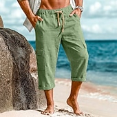 cheap Holiday-Men's Capri shorts Linen Pants Summer Shorts Baggy Pants Front Pocket Straight Leg Cargo Pocket Plain Comfort Breathable Calf-Length Casual Daily Outdoor Vacation Fashion White Khaki Inelastic