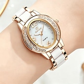 cheap Quartz Watches-Women's Rose Gold Fashion Watch, White Ceramic Style Link Bracelet, Mother of Pearl Dial with Crystal Bezel, Elegant Quartz Dress Wristwatch for Ladies, Perfect Jewelry Gift for Her