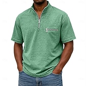 baratos Polo Clássico Masculino-SoftFade™ Men's Polo Shirts Acid Wash Shirt Casual Work Quarter Zip Ribbed Polo Collar Short Sleeve Fashion Basic Plain Zipper Pocket Summer Spring Blue Violet Navy Blue Green