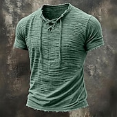  Men's T Shirt Linen T-Shirt Short Sleeve Lace Up Neck Summer Spring All Seasons Solid Color Textured Vacation Vintage Sports Raw Edge Casual Home Outdoor White Wine khaki Top Tee for Men