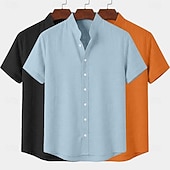 cheap Classic-Men Shirt Linen Shirt Summer Shirt Band Collar Shirt Button Up Shirt Plain Casual Daily Black+White+Gray Black+Blue+Gray White+Gray+Blue Orange+Gray+Black Short Sleeve Stand Collar Summer Clothing