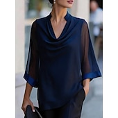 cheap Dressy Blouses-Women's Shirt Blouse Patchwork Solid Color Elegant Streetwear Daily 3/4 Length Sleeve V Neck Regular Tops Casual claret Black Navy Blue Apricot Summer Spring