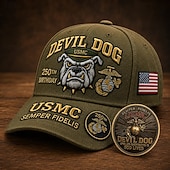  Boné comemorativo do 250º aniversário do Corpo de Fuzileiros Navais dos EUA, modelo Devil Dog. &Conjunto de moedas, boné de beisebol vermelho bordado com emblema da USMC Semper Fidelis (águia, globo e