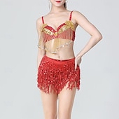 preiswerte Bauchtanzkleidung-glitzerndes Königsblau für Damen &amp;Goldenes Bauchtanzkostüm-Set – Pailletten-BH-Top und Fransenrock – Performance-Outfit für Latin Samba und Rave