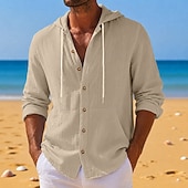 economico Vacanza-Da uomo Camicia Camicia di lino Camicia Estiva Abbigliamento da spiaggia Camicia con Bottoni Semplice Casuale Quotidiano Nero Bianco Giallo Blu marino Manica Lunga Con Cappuccio Primavera &amp; Estate