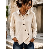  Mulheres Blusa Botões Côr Sólida à moda Casual Manga Longa Aberto para a Lateral Tops regulares Casual Diário Azul Branco Damasco Verão Primavera Outono