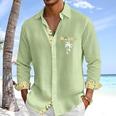  Men Shirt Linen Shirt Summer Shirt Beach Shirt Button Up Shirt Coconut Tree Casual Holiday White Pink Sky Blue Green Long Sleeve Turndown Summer Clothing Apparel Front Pocket