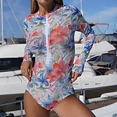 cheap One Pieces Rash Guards-Women's Bathing Suit One Piece Swimsuits Graphic Zip Up UV Protection Long Sleeve Swimwear Surfing Beach Vacation Spring