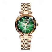 economico Orologi al quarzo-Orologio di lusso da donna, elegante quadrante sfaccettato verde smeraldo con bracciale a maglie in acciaio inossidabile color oro rosa, orologio da polso al quarzo alla moda per signore, dettagli in