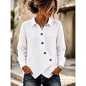  Mulheres Blusa Botões Côr Sólida à moda Casual Manga Longa Aberto para a Lateral Tops regulares Casual Diário Azul Branco Damasco Verão Primavera Outono