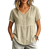 voordelige Effen Blouses-Dames Overhemd Blouse Lapwerk Knop Effen Kleur Elegant Casual Korte mouw Strakke ronde hals Normale tops Casual geel groen Zwart Wit Wijn Lichtgrijs Lente