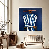 abordables Pinturas de personas-Handmade Oil Painting Canvas Wall Art Decoration Suburban Style Blue and White Figures for Home Decor Rolled Frameless Unstretched Painting