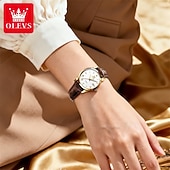 economico Orologi al quarzo-Orologio da uomo Olevs di lusso, analogico, al quarzo, impermeabile, con cinturino in pelle marrone, quadrante con numeri romani e datario, classico, casual, alla moda, elegante, regalo per lui.