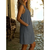  Women's Vintage Holiday 100% Cotton Knee Length Dress  Regular Fit Plain Sleeveless U Neck off white Black White Pink Spring