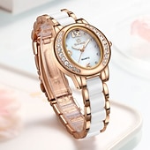 cheap Quartz Watches-Women's Rose Gold Fashion Watch, White Ceramic Style Link Bracelet, Mother of Pearl Dial with Crystal Bezel, Elegant Quartz Dress Wristwatch for Ladies, Perfect Jewelry Gift for Her