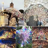 cheap Umbrellas-Vintage Stained Automatic Umbrella, Automatic Open &amp; Close Folding Rain Umbrella for Women, Compact Travel Parasol, Windproof Collapsible Umbrella, Cute Aesthetic Gift Umbrella for Girls