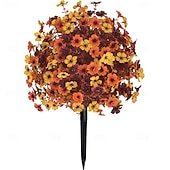  24 inch kunstmatige herfstbloemensteker voor buiten, nepchrysant, violette buxus, bolvormige bomen, Thanksgiving, Halloween, UV-bestendige tuinstekers voor de tuin &gazon, kleurecht, zwaar zijden