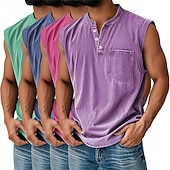 cheap Tank Tops-Men's 4-PCS Vest Top 100% Cotton Acid Wash Shirt Acid Wash Shirt Sleeveless Henley Summer Spring Plain Fashion Designer Basic Garment Dyed Vintage Washed Vacation Street Going out Top Tee for Men
