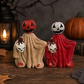 abordables Figurines et ornements-Lot de 2 figurines de fantômes citrouilles d'Halloween, ensemble de statues fantômes en résine avec lanternes en forme de crâne, décoration rustique d'automne pour étagère, cheminée, plateau à étages