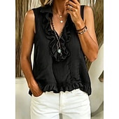  Mulheres Camisa Social Blusa Frufru Côr Sólida Moda Diário Casual Sem Manga Decote V Tops longos Casual Preto Branco Rosa Castanho Claro Azul Céu Verão Primavera