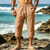cheap Holiday-Men's Capri shorts Linen Pants Summer Pants Beach Pants Drawstring Pocket Elastic Drawstring Waist Solid Color Comfort Breathable Calf-Length Daily Outdoor Beach Vacation Fashion White Khaki Inelastic