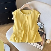 abordables Camisas-Mujer Chaleco de lino y algodón Camisa de verano Bordado Vintage Sin Mangas Cuello Barco Tops largos Casual Blanco Amarillo Azul Marino Verano Primavera