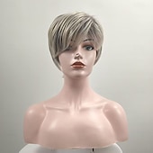 economico parrucca più vecchia-Parrucca corta biondo cenere con taglio pixie e radici scure - capelli sintetici testurizzati a strati per donna, parrucca affusolata e di tendenza per l'uso quotidiano.
